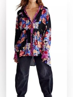 Free People Multicolor Floral Button Down Oversized Tunic - Size S